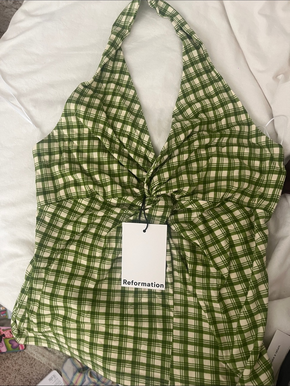 Reformation Olive Green Plaid Halter Top